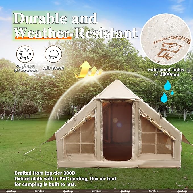 Inflatable Tent for Camping, 4-6 Person Glamping Air Tents, Easy Setup 4 Season Luxury Cabin, Waterproof & Windproof Inflatable House Tent with Panoramic View Windows
