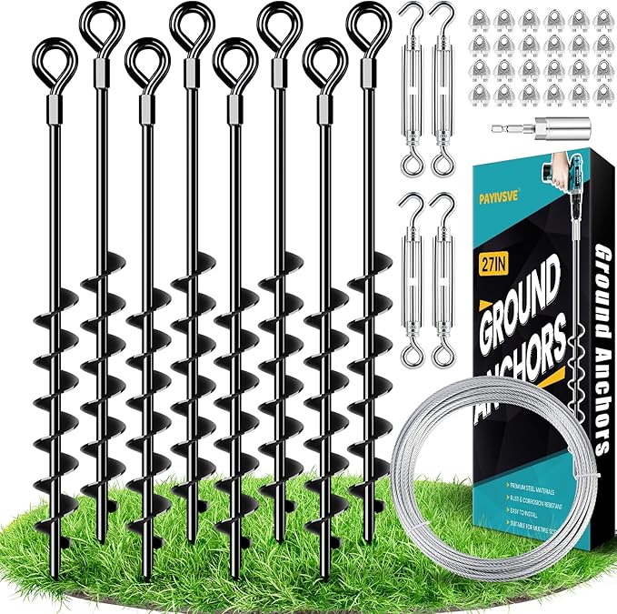 27" Ground Anchors Heavy Duty Shed Anchors Kit, Mobile Home Anchor with 3/16" Galvanized Cable and Turnbuckles for Sheds Canopy Gazebo Trampoline Swing Set(8x27in)