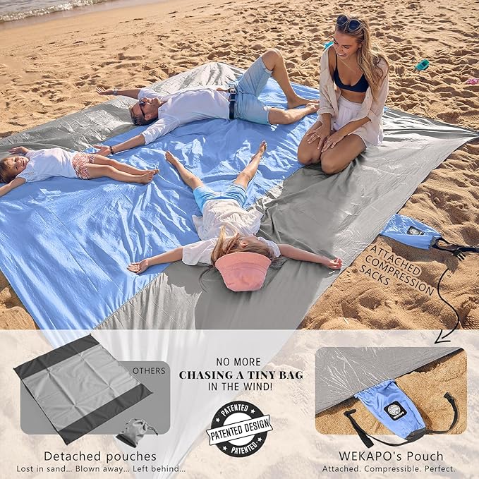 WEKAPO Beach Blanket Sandproof Waterproof, Extra Large Beach Mat, Oversized & Compact Sand Free Mat Quick Drying, Lightweight & Durable with Stakes & Corner Pockets