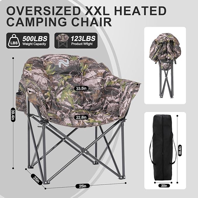 ABORON Heated Camping Chair Oversized, Three Model Portable Heated Cushion Folding Chair, Heavy Duty Heated Foldable Chairs Support Up to 500 lbs, Ideal for Outdoor Adventures