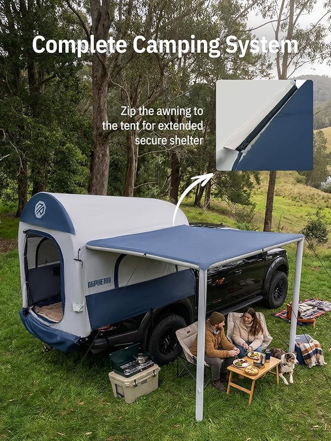 Niphean Inflatable Truck Bed Tent with Zipper-Connect Car Awning, 3-Min Setup Camping System for 5.5–8ft Truck Tent, Waterproof PU3000mm + UV50+ Side Shade, 2+1 Person Overland Shelter