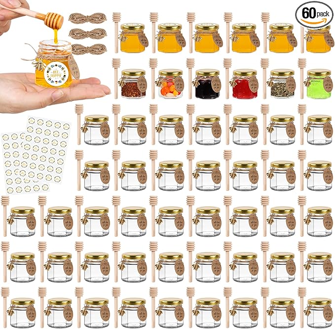 AuroTrends Mini Honey Jars with Dipper 1.5oz 60Pack, Empty Hexagon Honey Jars for Baby Shower Favors/Wedding Favors for Guests Bulk-Mini Glass Jar with Lids/Wooden Dippers (1.5 fl.oz-60Pack)