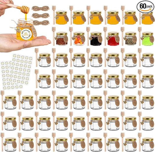 AuroTrends Mini Honey Jars with Dipper 1.5oz 60Pack, Empty Hexagon Honey Jars for Baby Shower Favors/Wedding Favors for Guests Bulk-Mini Glass Jar with Lids/Wooden Dippers (1.5 fl.oz-60Pack)