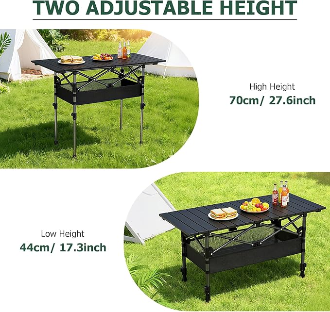Folding Camping Table Portable Pinic Table 2 Level Height Adjustable Roll-up Tables Aluminum Foldable Camp Table with Storage Bag 4-6 Person Large Tables for Outdoor Indoor Hiking Camp BBQ Beach