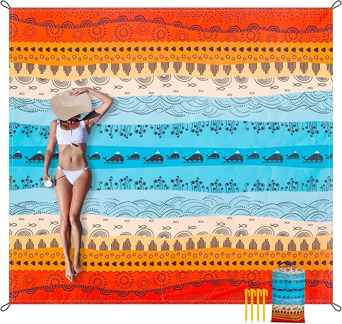 Beach Blanket Waterproof Sandproof, Outdoor Picnic Blankets Sand Free for 4 Adults, Lightweight Quick Drying Beach Mat for Beach Travel, Camping, Hiking, Boho Beach Essentials Accessories