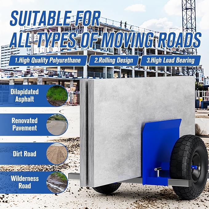 Blue Heavy Duty Panel Dolly, Adjustable Width Door Dollys with Wheels, 9.3" Solid Rubber Tires and 2 Spare Pole, All-Terrain Movement for Heavy Drywall Sheet & Door Material, 1000LBS