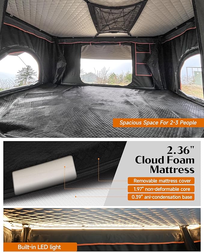 Rooftop Tent Hard Shell, Aluminum Pop Up 2-3 Person Roof Top Hardshell for Camping Truck Van Suitable for Jeep SUV Car. (Roof Tent)