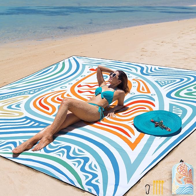 Beach Blanket, Sandproof Beach Mat, Waterproof Quick Drying Lightweight Outdoor Aztec Picnic Mat 79" X 83"/120"x108" for 2-8 Adults for Travel, Camping, Hiking