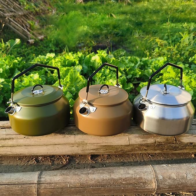 Camping Kettle Outdoor Campfire Camp Kettle, 1L Stainless Steel Camp Tea Coffee Pot, Portable Lightweight Teapot Fast Heating Boiling Water, Ideal for Hiking Picnic Travel, Brown