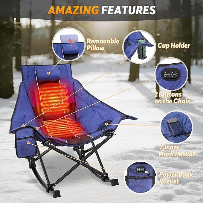 Suteck Heated Rocking Camping Chair - Fully Thicker Padded Heated Chairs for Outdoor Sports W/3 Heat Levels for Back & Seat, Heated Folding Chair for Adults with Carry Bag- Battery NOT Included