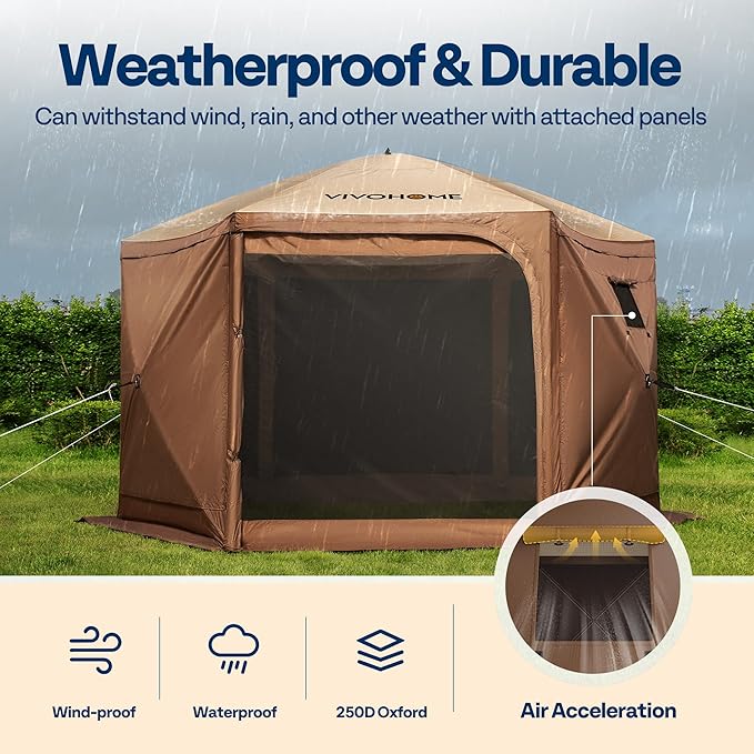 VIVOHOME 12x12ft Pop-Up Gazebo Screen Tent, 6-Sided Instant Outdoor Canopy Shelter with Large Main Door, Wind Panels, and Screens for Outdoor Parties, Camping, Lawn and Backyard