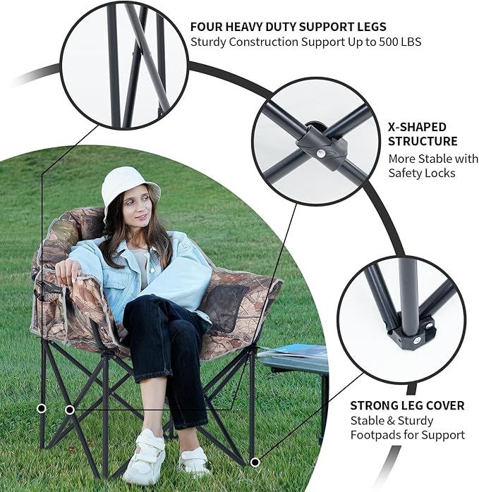 2 Pack Oversized Heated Camping Chair, 3 Heating Levels Portable Folding Camp Chairs with Pillow and Storage Bag, Outdoor Heated Moon Chair for Camping Lawn Patio Beach and Picnics, Camo