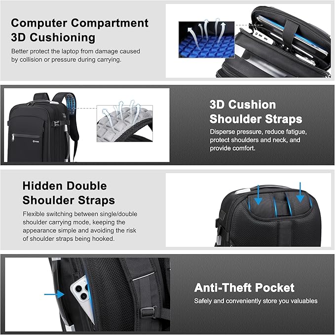 Travel Backpack for Men, Anti-Theft Laptop Backpack 60L Expandable, Carry on Bag for Airplanes, High Tech Backpack with Charging Port for Laptop/Travel/Business/College/Camping, Non-Vacuum