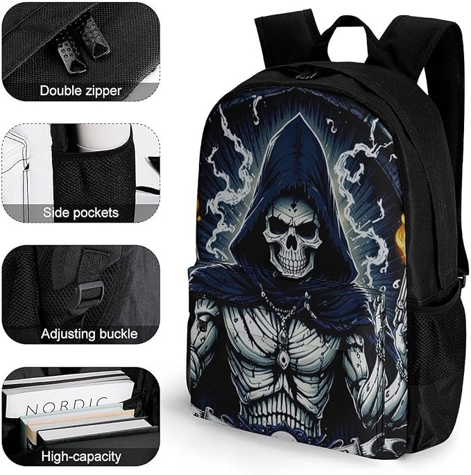 Men Women Lightweight Skull Fire Backpack Large Capacity Bookbag With Smooth Zippers for Gym Business Running