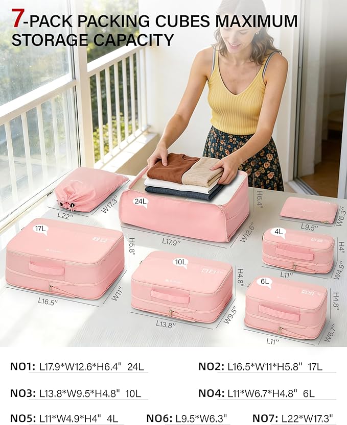 Hanke 7 Piece Expandable Compression Packing Cubes, Premium Travel Packing Organizers for Suitcases/Carry On, Luggage Organizer Bags with Breathable Mesh & Label,Pink