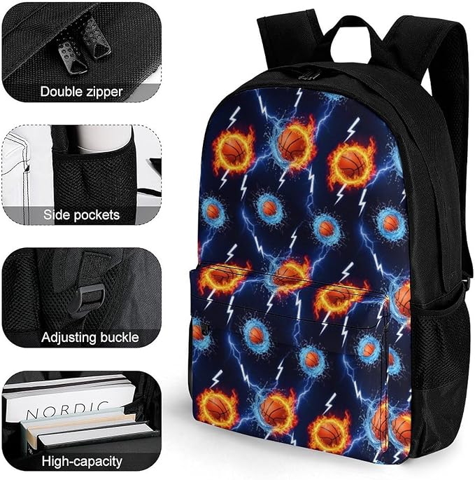 Backpack Lightweight Anti-Theft Multipurpose Water Fire Flame Basketball Print Black Shoulder Bag Large Capacity Travel Hiking Backpack With Padded Straps