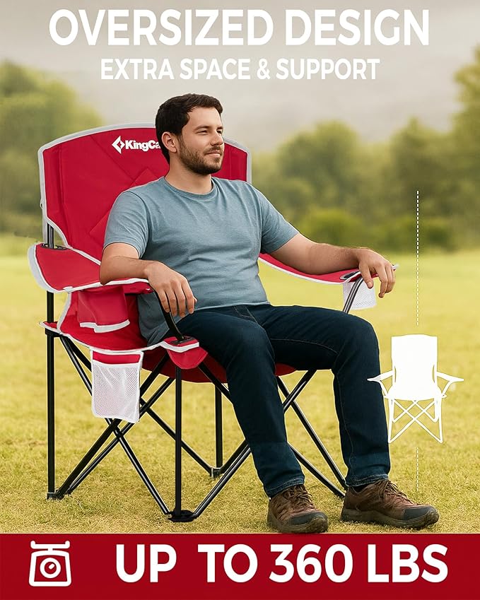 KingCamp Oversized Camping Chair, Portable Folding Outdoor Chairs with Comfortable Padded Seat, Side Pocket and Cup Holder for Fishing, Tailgates, Beach, Lawn, RED