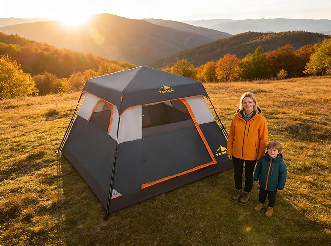 3/4 Person Camping Tent with 1 Door, 4 Windows, and Upgraded Ventilation– Instant Setup, Waterproof, 8'x 8'x 67''Oxford Fabric Floor Pop Up in 60 Seconds Includes Rainfly and Backpack