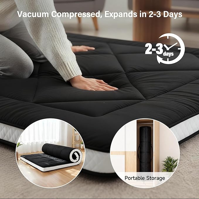 Welnow Japanese Futon Floor Mattress, Thick Queen Size Tatami Mat Portable & Foldable Roll Up Floor Bed Mattress with Storage Bag, Sleeping Pad for Adults, Dorm, Guest Bed, Camping and Travel, Black