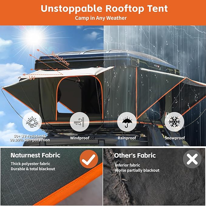 Naturnest Rooftop Tent Hard Shell, Waterproof Windproof UV-Resistant Blackout Privacy 4 Season Tent for Truck, Jeep, SUV, Van, Trailer