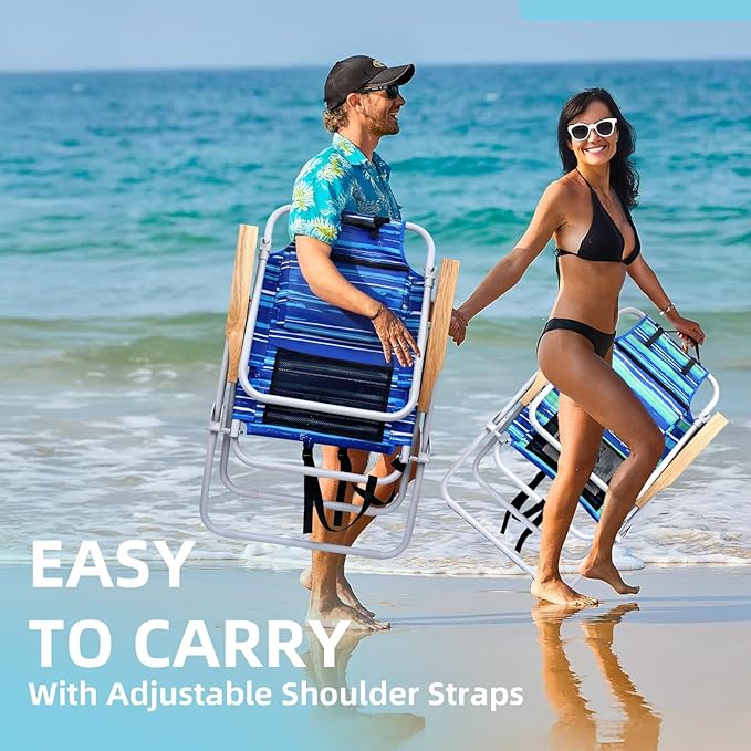 Tall Beach Chairs for Adults, 17" High Backpack Beach Chair with Wooden Armrests, 5 Positions Reclining Heavy Duty Chair with Large Cooler Pouch, Support to 350LBS Striped Blue,1pack