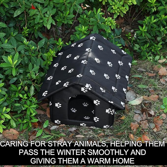 Soaoo 2 Pcs Large Feral Cat Shelter Outdoor Cat House 15.8 x 13.7 x 15.8 Inch Weatherproof and Insulated Foldable Cotton Filled Thicken Stray Shelter with Stakes for Wild Animal Easy to Assemble