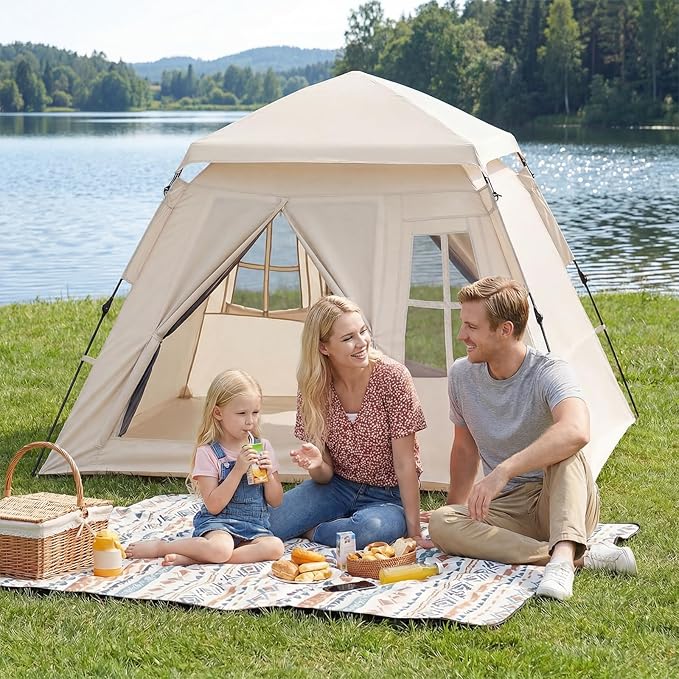 Tangkula 4 Person Camping Tent, Instant Pop-Up Cabin Tent with Removable Rainfly, Mesh Windows & Dual Doors, Carrying Bag, Portable Outdoor Family Shelter for Picnic, Backpacking, Traveling