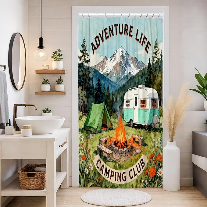 Mountain Stall Shower Curtain, Outdoor Adventure Tent Campfire Summer Green Polyester Waterproof Design Print Bath Curtains for Bathroom Toile Guest Room Decor 36x72 Inch