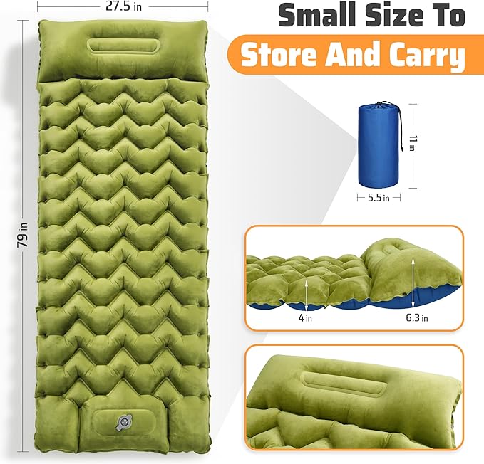4" Thick Double-Sided Camping Sleeping Pad | Warm Velvet Top, Waterproof Nylon Bottom | Inflatable Mattress for Backpacking & Cold Weather