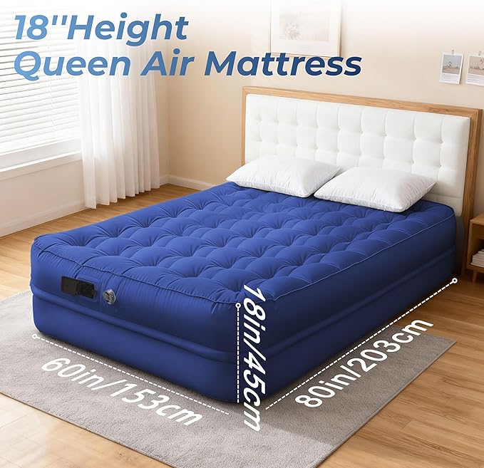 Air Mattress Queen with Built-in Pump - 3 Min Fast Inflation/Deflation Wireless Rechargeable Pump, Portable Camping Air Bed, Cooling Pongee Fabric Blow Up Mattress, (18" Indigo)