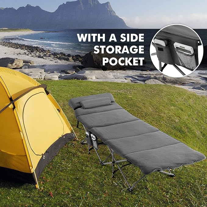 Tangkula Camping Cot for Adults, Folding Sleeping Cot with Removable Mattress, Pillow, Side Pocket, Portable Indoor Outdoor Cot Bed with Carry Bags for Travel, Camp, Office, Home (Grey)