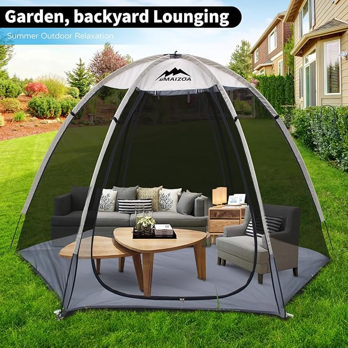 Screen House Tent 8 x 7 Ft Mesh Net, Outdoor Camping Screen Room Sun Shade Gazebo Shelter, Perfect for Family Picnic, Backyards, Campfire Barbecue and Party (Beige, with Floor mat)