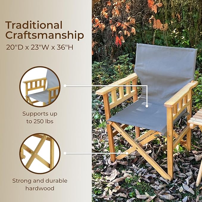 BYER OF MAINE Pangean Campaign Chair, Portable Ash Wood Folding Chair with Heavy-Duty Canvas Seat Material. Ideal Patio, Deck & Camping Seat 20″D × 23″W × 36″H, 250 lbs Capacity in Ash Granite