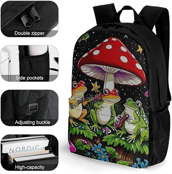 Backpack Anti-Theft Multipurpose Large Capacity Carry On Bag, Psychedelic Mushroom Trippy Magic Frog Art Camping Outdoor Backpack With Side Pockets