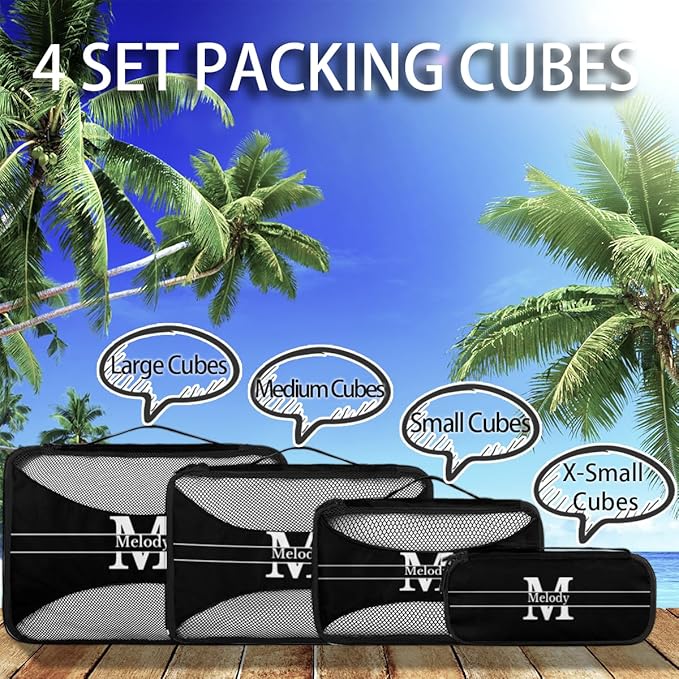 Personalized Packing Cubes, Set of 4 with Zipper Handles for Men Boys, Custom Name Travel Suitcases Luggage Packing Organizers, Solid Black with Initial Letter