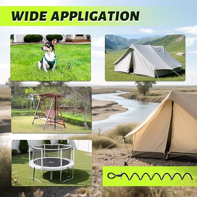 Trampoline Stakes 4 Pack, Spiral Ground Anchors Screw in, Swing Set Anchors, Earth Anchor Ground Stakes Heavy Duty with Straps for CarPorts, Sheds, Tents, Swing Sets, Camping, Mobile Home