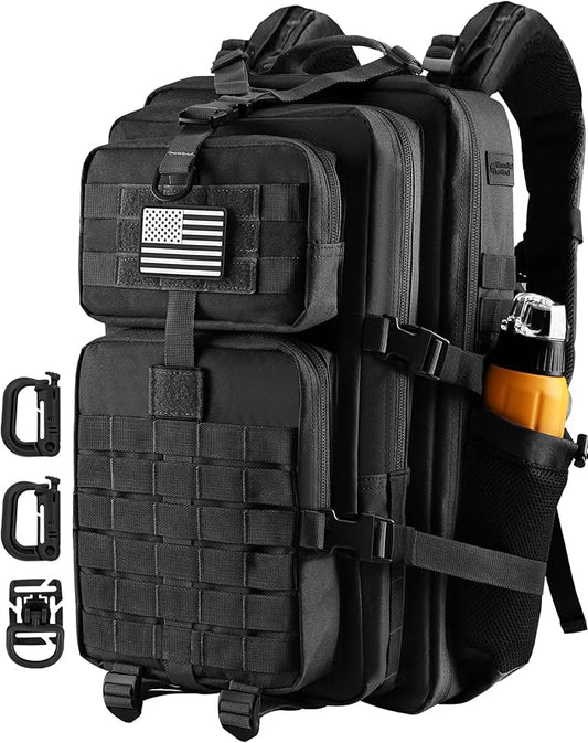 45L MOLLE Assault Backpack, Tactical Backpack Military Army Camping Rucksack with Bottle Holder, 3-Day Pack Trip w/USA Flag Patch, D-Rings, Black with Grey Patch