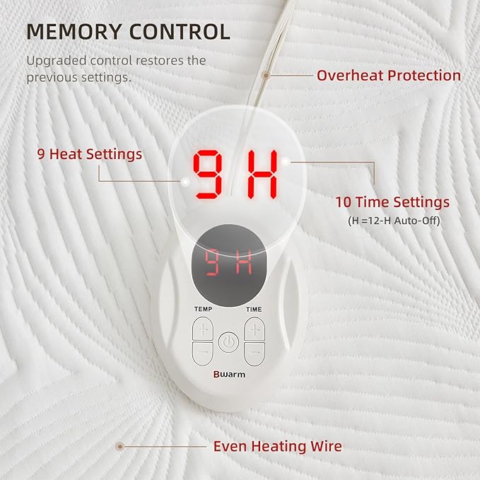 Bwarm Heated Mattress Pad ETL Certified Flower Bed Warmer with 9 Heat Settings, 1-12 Hours Auto Off Deep Pocket, Machine Washable, White (California King)