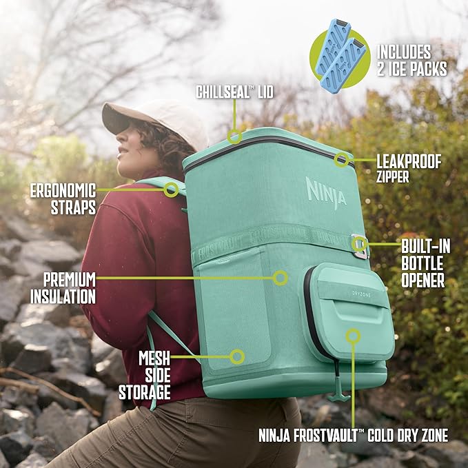 Ninja FrostVault Go Can Soft Cooler, 24/36 Can, Leak Proof, Built-In Cup Holder, 2 Ice Packs & Dry Storage Drawer, Polyester Insulation, Hiking, Camping, Picnic