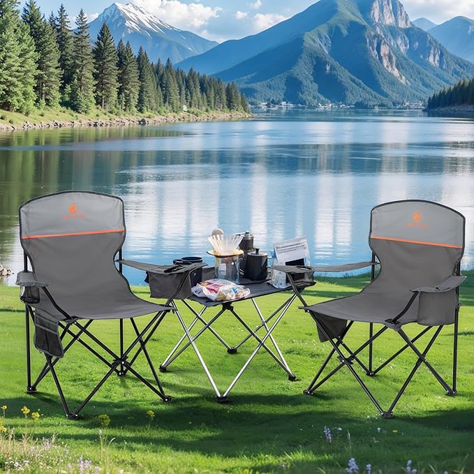 LET'S CAMP Camping Chair 2 Pack Folding Chair with 3-Can Cooler Bag Portable Lawn Chair with Cup Holder,Storage Pocket, Supports 225LBS, Collapsible Chair for Camp, Beach, Picnic (Grey)