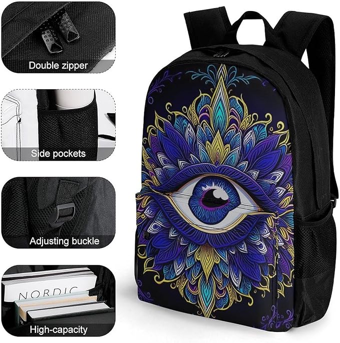 Supdreamc Men Women Polyester Abstract Symbol Of All Seeing Eye Boho Indian Ethnic Style Daypack Big Capacity Shoulder Bag With Smooth Zippers for Hiking Work Walking Cycling