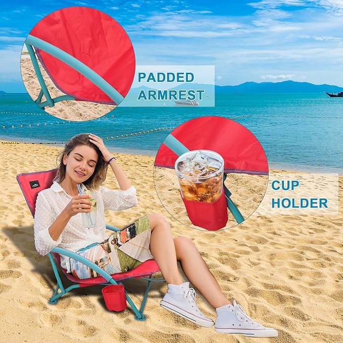 Northroad 2 Pack Low Folding Beach Chair,Portable Lightweight Lowback Sling Chair, Outdoor Low Seat Camping Chair w/Cup Holder & Carry Bag for Sand Camping Lawn Picnic Festival,Pink