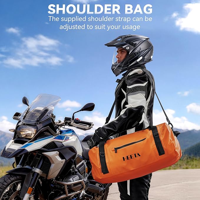 HEETA Waterproof Motorcycle Dry Bag, Waterproof Duffel Luggage Travel Bags with Zippered Closure & Pocket, Shoulder Straps, Large Space for Motorcycling Camping Commuting Boating (Orange, 30L)