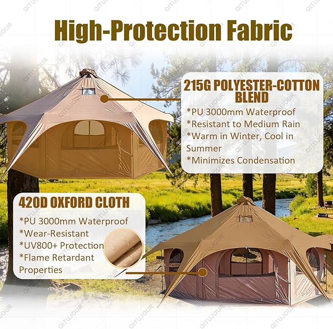 4 Season Canvas Bell Tent 15 Person, Waterproof Glamping Yurt Tent with Stove Jack & Removable Floor, 14.76ft Windproof Family Camping Tent for Outdoor Hiking & Cold Weather