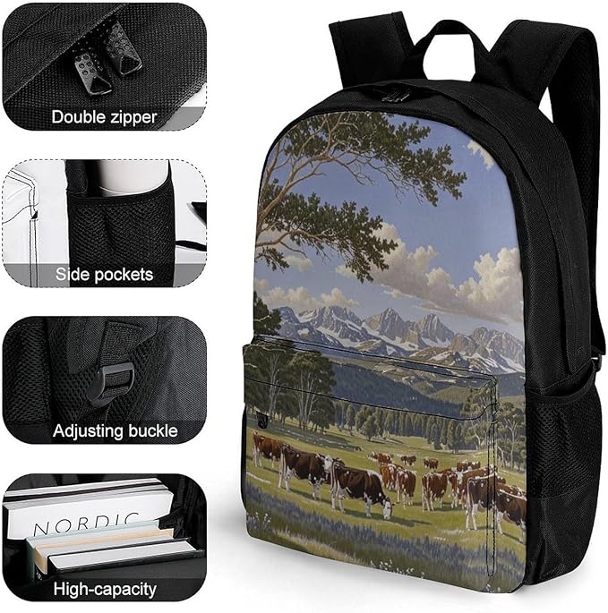 Daypack Backpack Anti-Theft Multipurpose Large Capacity Carry On Bag, Animal Herefords Cattle Party Traveling Camping Backpack With Side Pockets