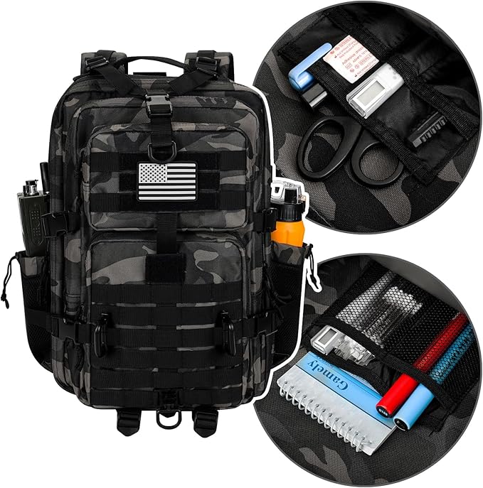 45L MOLLE Assault Pack, Tactical Backpack Military Army Camping Rucksack with Bottle Holder, 3-Day Pack Trip w/USA Flag Patch, D-Rings, Black Camo