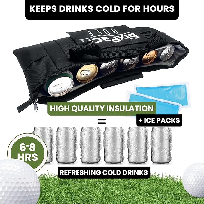 Golf Cooler Bag Plus 2 Ice Packs - HD Closed Cell Insulation Keeps Drinks Cold for Hours - Holds 6 Cans - Fits Discreetly in Golf Bags - Includes Cary Strap - Golf Accessories for Men