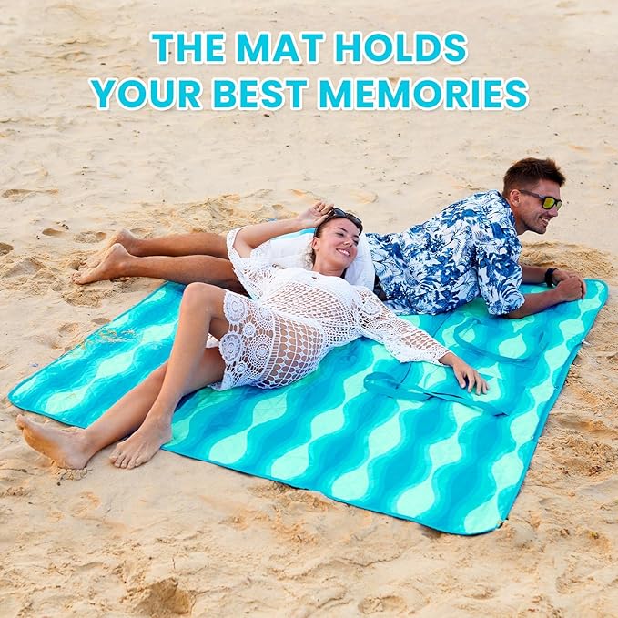 #WEJOY 3 in 1 Outdoor Picnic Blanket, Padded 3 Layers Beach Blanket, 80x60'', 4 Person, Easy to Fold, Waterproof for Lawn,Camping, Park (Cyan)