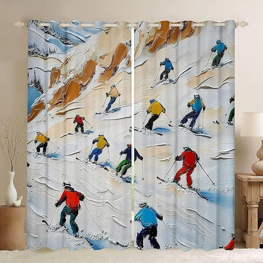 Manfei Skiing Blackout Curtains,Ski Winter Extreme Sports Game Boys Girls Room Decor,Mountain Snowboarding Outdoor Window Curtains,Blue Red 2 Panels,38Wx45L inch