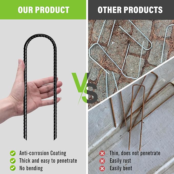U Shaped Rebar Stakes 12 Inch Heavy Duty Ground Anchors (Pack of 8 Black) Ground Stakes Galvanized Steel, Trampoline Tie Down Anchor, Heavy Duty Stakes for High Wind
